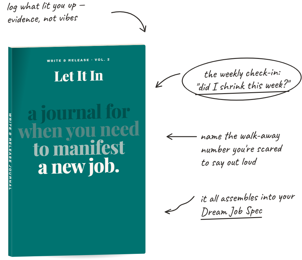 Let It In: log what lit you up, name the salary you're scared to say out loud, assembles into your Dream Job Spec