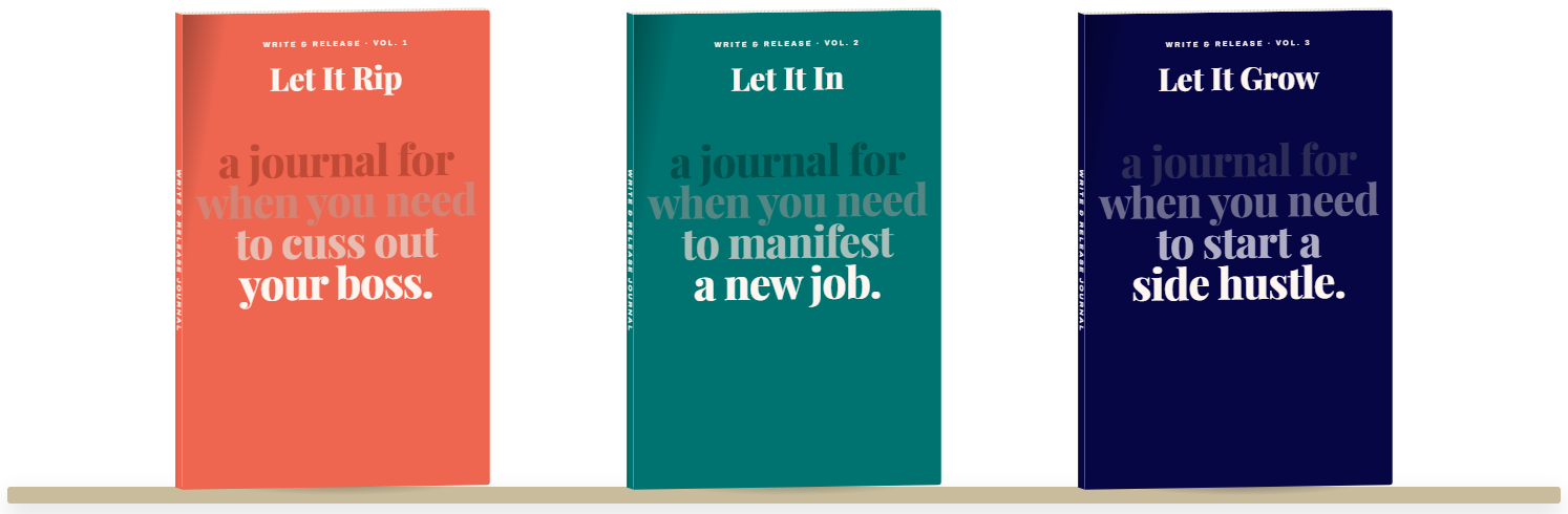 Let It Rip, Let It In, and Let It Grow journals shelved together